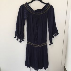 Lilly Pulitzer Navy Blue Tassel Peasant Dress with Gold Trim